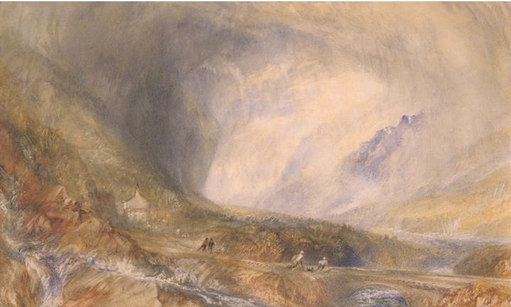 J.M.W. Turner, <스위스 성 고트하르트 고개의 폭풍> Storm in the Pass of St Gothard, Switzerland, 1845, 수채, 불투명 수채, 스크래치, 289x473mm. 사진=우양미술관 제공. *재판매 및 DB 금지