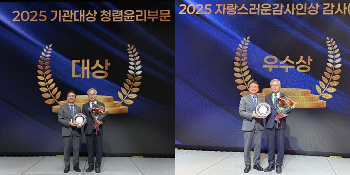 [울산=뉴시스] 한국석유공사 박공우 상임감사위원(오른쪽)이 11일 2025 한국감사인대회에서 청렴윤리 부문 기관 대상과 자랑스러운 감사인상 감사위원 부문 우수상을 수상하고 있다. (사진=한국석유공사 제공) 2025.12.15. photo@newsis.com *재판매 및 DB 금지