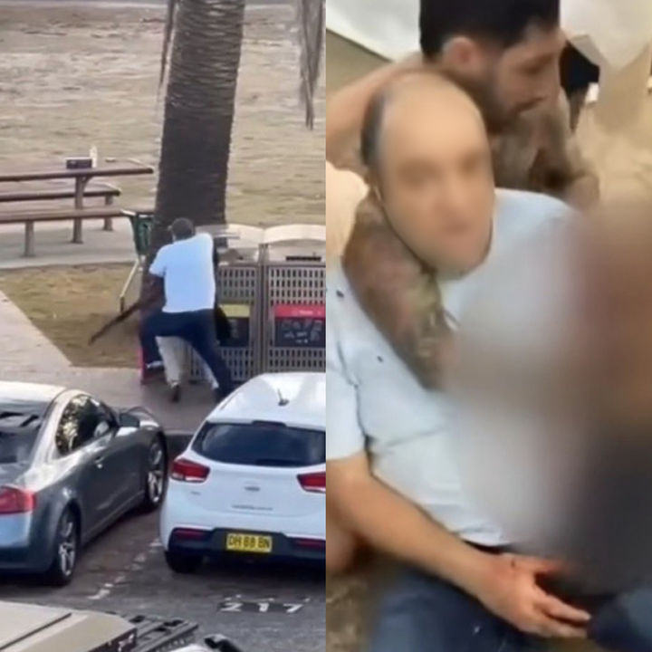 [뉴시스] 호주 시드니 본다이 비치 총격 사건에서 최소 16명이 숨진 가운데, 시민 영웅이 40대 과일가게 주인 아흐메드 알 아흐메드(43)인 것으로 확인됐다. 사진은 아흐메드가 총격범을 제압하는 모습(왼)과 그 과정에서 총상을 입은 모습. (사진 = 엑스 갈무리) 2025.12.15. *재판매 및 DB 금지