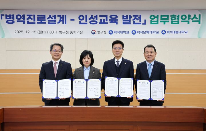 [서울=뉴시스] 홍소영 병무청장(왼쪽에서 두 번째)이 15일 정부대전청사에서 송기신 백석대학교 총장(왼쪽에서 세 번째), 이경직 백석문화대학교 총장(왼쪽에서 첫 번째), 이정복 백석예술대학교 대외협력부총장(오른쪽에서 첫 번째)과 병역진로설계 활성화를 위한 업무협약 체결 후 기념촬영을 하고 있다. (사진=병무청 제공) 2025.12.15. photo@newsis.com *재판매 및 DB 금지