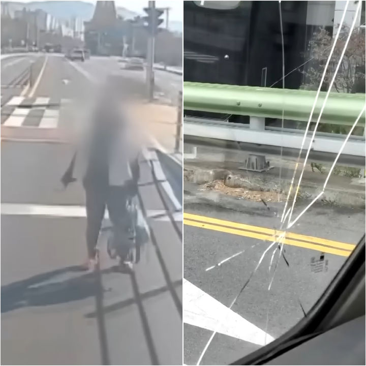 [뉴시스] 경남 창원의 한 여성이 달리는 시내버스 앞을 가로막고 유리창을 휴대전화로 내리쳐 깨는 등 난동을 부린 사건이 알려졌다. (사진 = 'JTBC News' 유튜브 갈무리) 2025.12.15. *재판매 및 DB 금지