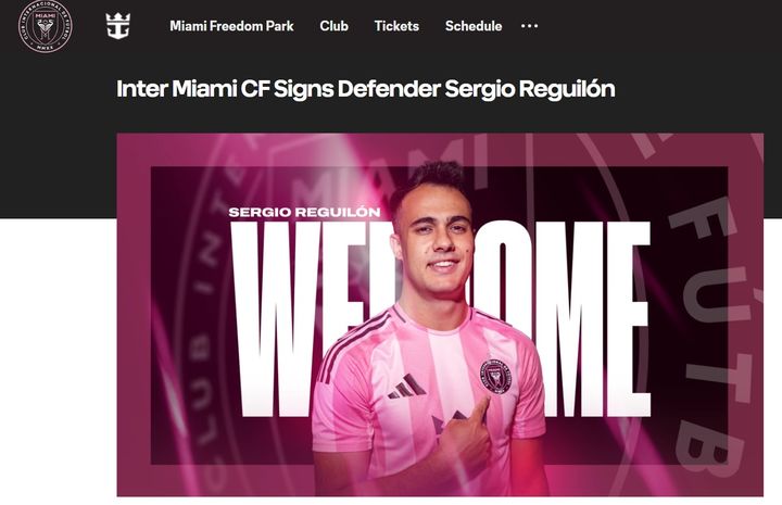 [서울=뉴시스] 미국 프로축구 메이저리그사커(MLS) 인터 마이애미, 세르히오 레길론 영입. (사진=인터 마이애미 홈페이지 캡처) 2025.12.16. photo@newsis.com *재판매 및 DB 금지