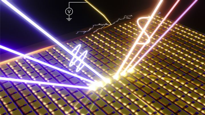 [울산=뉴시스] 구미현 기자 =메타표면 소자가 빛의 색(파장)과 밝기(세기)를 조절하는 원리를 보여주는 개념도 (UNIST 제공) 2025.12.16. photo@newsis.com *재판매 및 DB 금지