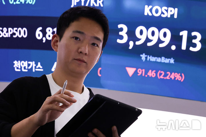 [서울=뉴시스] 최진석 기자 = 코스피가 전 거래일(4090.59)보다 91.46포인트(2.24%) 내린 3999.13에 장을 마친 16일 서울 중구 하나은행 딜링룸에 종가가 보이고 있다. 코스닥지수는 전 거래일(938.83)보다 22.72포인트(2.42%) 하락한 916.11에 거래를 종료, 서울 외환시장에서 원·달러 환율은 전 거래일(1471.0원)보다 6.0원 오른 원에 마감했다. 2025.12.16. myjs@newsis.som