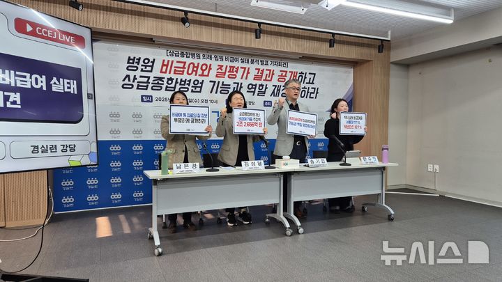 [서울=뉴시스]전상우 수습 기자=경제정의실천시민연합(경실련)이 17일 오전 서울 종로구 경실련 강당에서 '상급종합병원 외래·입원 비급여 실태 분석' 결과를 발표회를 열고 있다. 2025.12.17. swoo@newsis.com