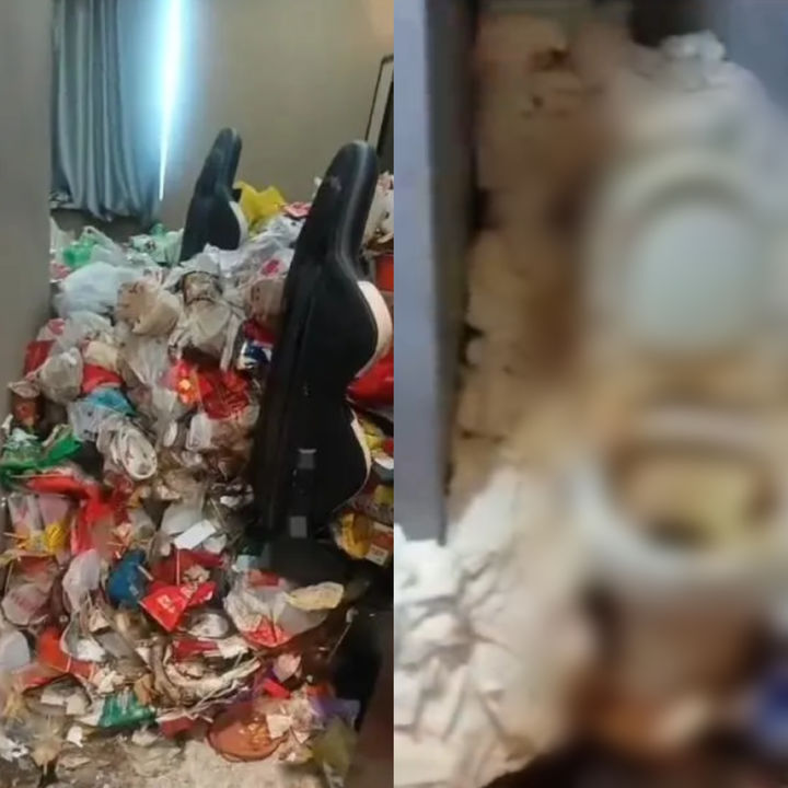 [뉴시스] 중국의 한 호텔에서 2년 넘게 장기 투숙한 고객이 퇴실한 뒤 객실 안이 쓰레기로 가득 찬 모습이 공개돼 충격을 주고 있다. (사진 = 지무뉴스 갈무리) 2025.12.17. *재판매 및 DB 금지