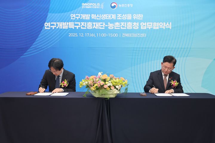 [세종=뉴시스] 이승돈 농촌진흥청장이 연구개발특구진흥재단과 17일 전북테크비즈센터에서 민관협력 기반의 선도형 R&D 생태계 구축을 위한 업무협약을 체결하고 있다. (사진=농촌진흥청 제공) *재판매 및 DB 금지