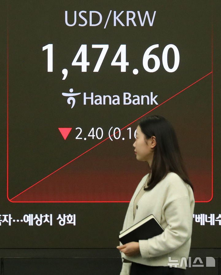 [서울=뉴시스] 김혜진 기자 = 원·달러 환율이 전 거래일 주간거래 종가(1477.0원)보다 2.5원 내린 1474.5원에 개장한 17일 오전 서울 중구 하나은행 딜링룸 전광판에 지수가 표시 되고 있다. 코스닥 지수는 전 거래일(916.11)보다 5.92포인트(0.65%) 오른 922.03에 거래를 시작했다. 코스피는 전 거래일(3999.13)보다 20.30포인트(0.51%) 상승한 4019.43에 출발했다. 2025.12.17. jini@newsis.com