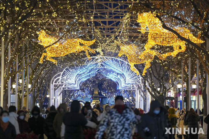 [하얼빈=신화/뉴시스] 16일(현지 시간) 중국 헤이룽장성 성도 하얼빈 중앙대로에 '2026 말의 해'를 앞두고 설치된 말 조명 장식이 불을 밝히고 있다. 2025.12.17.