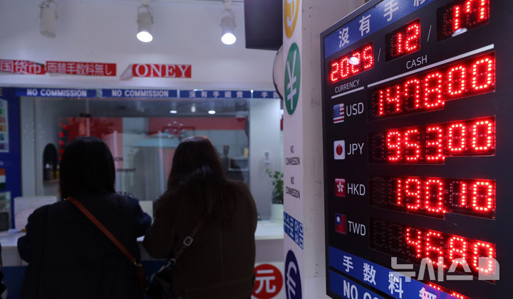 [서울=뉴시스] 김혜진 기자 = 원·달러 환율이 장중 1480원을 돌파하며 8개월 만에 최고 수준으로 오른 17일 서울 중구 명동의 한 환전소에 거래 가격이 표시돼 있다. 2025.12.17. jini@newsis.com