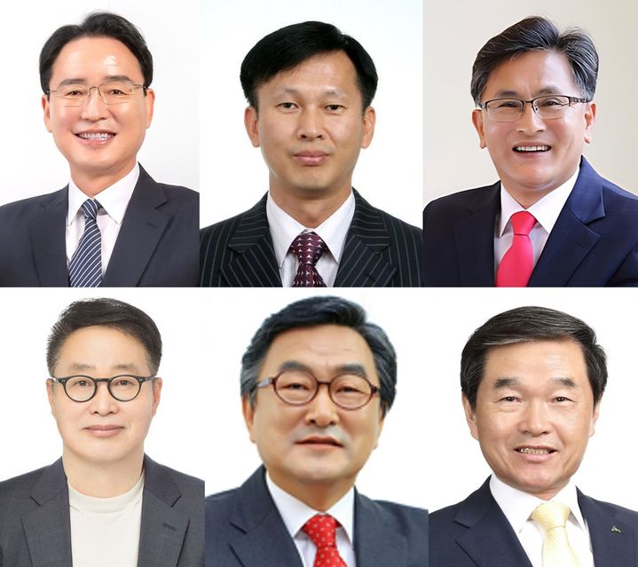 [영주=뉴시스] 차기 영주시장 선거 출마 예상자. 윗줄 왼쪽부터 시계방향으로 황병직 전 경북도의원, 송명달 전 해양수산부 차관, 박성만 경북도의회 의장, 우성호 전 국민의힘 경북도당 상임부위원장, 최영섭 영주발전연구소장, 전창록 전 경북경제진흥원장. 2025.12.18. photo@newsis.com *재판매 및 DB 금지