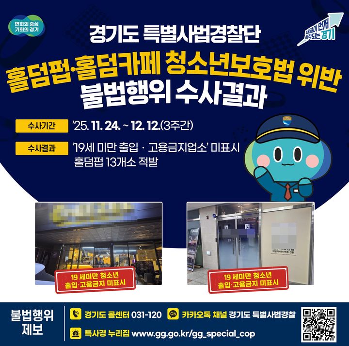 경기도, 청소년 출입금지 미표시 '홀덤펍·카페' 13곳 적발