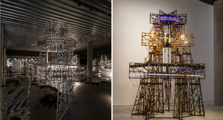 [왼쪽] 〈오바드〉, 2007, 알루미늄 구조, LED 조명, 전기 배선, 크리스털 및 유리 비즈, 400 × 300(지름) cm, 《이불: 1998년 이후》 전시 전경, 리움미술관, 서울, 2025. 모리 미술관 소장. ⓒ Lee Bul. 사진: 전병철. 리움미술관 제공. [오른쪽] 〈오바드 V〉, 2019, 비무장지대(DMZ) 철거 초소에서 수집한 주조강, 옵티움 뮤지엄 아크릴, 전자 디스플레이 보드, LED 조명, CPU, DC-SMPS, 디머, 전기배선, 400 x 300(?) cm, 작가 및 BB&M 제공. ⓒ Lee Bul. 사진: 전병철. 리움미술관 제공. *재판매 및 DB 금지