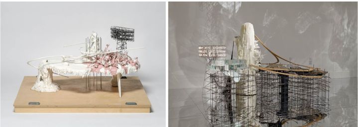 왼쪽] 〈몽그랑레시를 위한 모형〉, 2005, 석고, 철망, 목재, 실리콘, 아크릴 물감, 크리스털 및 합성 비즈, 알루미늄 막대, 스테인리스 스틸 와이어, 포멕스, 62.8 × 121.8 × 102.8 cm (베이스 포함), 개인 소장. ⓒ Lee Bul. 사진: 전병철. 작가 제공. [오른쪽] 〈몽그랑레시: 바위에 흐느끼다…〉, 2005, 폴리우레탄, 포멕스, 합성 점토, 스테인리스 스틸 및 알루미늄 막대, 아크릴 패널, 합판, 아크릴 물감, 바니시, 전기 배선, 조명, 280 × 440 × 300 cm, 《Lee Bul: From Me, Belongs to You Only》 전시 전경, 모리미술관, 도쿄, 2012. ㈜하이트진로 소장. ⓒ Lee Bul. 사진: Watanabe Osamu. 모리미술관 제공. *재판매 및 DB 금지