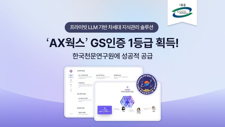 [서울=뉴시스] 지란지교데이터는 프라이빗 거대언어모델(LLM) 기반 기업용 인공지능(AI) 지식관리 솔루션 'AX웍스'가 소프트웨어 품질 인증 제도인 GS인증 1등급을 획득하고 한국천문연구원에 공식 공급됐다고 18일 밝혔다. (사진=지란지교데이터 제공) *재판매 및 DB 금지