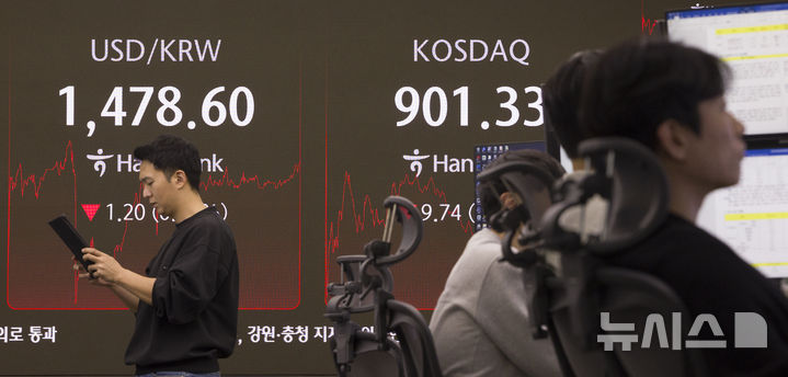 [서울=뉴시스] 김근수 기자 = 외환시장에서 원·달러 환율은 전 거래일(1479.8원)보다 1.5원 내린 1478.3원에 주간 거래를 마감한18일 서울 중구 하나은행 딜링룸 전광판에 지수가 나오고 있다. 코스피는 전 거래일보다 61.90포인트(1.53%) 내린 3994.51로 마감했으며, 코스닥 지수는 전 거래일(911.07)보다 9.74포인트(1.07%) 내린 901.33에 거래를 종료했다 2025.12.18. ks@newsis.com
