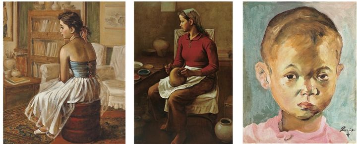 김인승(1911~2001), 소녀, 1956, 캔버스에 유채, 52×44.5cm, 김인승(1911~2001), 도기를 다루는 소녀, 1955, 캔버스 유채, 143×95cm, 이인성(1912~1950), 소년, 1940s, 목판에 유채, 26.2×21.1cm. 새결화랑 제공. *재판매 및 DB 금지