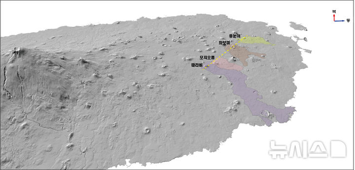[제주=뉴시스] 제주 동부지역 선상으로 배열된 오름을 지도에 표시한 그래픽. (사진=제주도 제공) photo@newsis.com