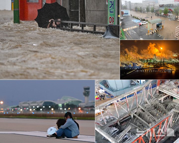 [광주=뉴시스] 다사다난(多事多難)했던 2025년의 해가 저물어 가고 있다. 광주·전남에는 여름철 '일강수량 426㎜' 괴물 폭우가 쏟아지면서 사상자들이 속출해 곳곳이 특별재난지역으로 선포된 한편(사진 왼쪽 위·오른쪽 위) 179명이 숨진 12·29 제주항공 참사의 상흔이 진상규명 답보 등으로 씻겨지지 않고 있다.(사진 왼쪽 아래) 광주시 관급공사인 광주대표도서관 붕괴사고로 노동자 4명이 매몰돼 구조됐으나 모두 숨졌고 (사진 오른쪽 아래) 여수국가산단 석유화학업체의 부진으로 지역 경기 침체가 장기화되고 있다.(사진 오른쪽 중간) (사진=뉴시스 DB) 2025.12.19. photo@newsis.com