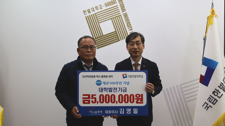 [대전=뉴시스] 왼쪽부터 이노솔루텍 김영일 대표와 국립한밭대 오용준 총장. (사진=국립한밭대 제공) 2025.12.19. photo@newsis. *재판매 및 DB 금지