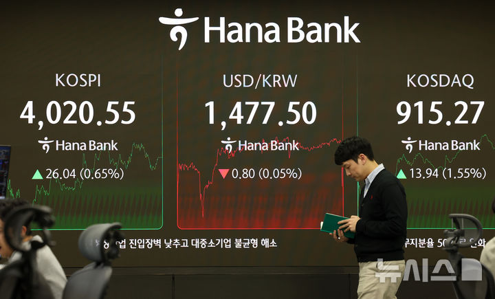 [서울=뉴시스] 이영환 기자 = 코스피가 전 거래일(3994.51)보다 26.04포인트(0.65%) 상승한 4020.55에 장을 마감한 19일 오후 서울 중구 하나은행 딜링룸 전광판에 종가가 표시되어 있다. 코스닥 지수는 전 거래일(901.33)보다 13.94포인트(1.55%) 오른 915.27, 서울 외환시장에서 원·달러 환율은 전 거래일 주간거래 종가(1478.3원)보다 2.0원 내린 1476.3원에 주간 거래를 마감했다. 2025.12.19. 20hwan@newsis.com