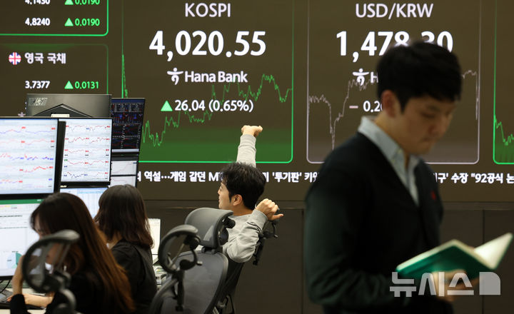 [서울=뉴시스] 이영환 기자 = 코스피가 전 거래일(3994.51)보다 26.04포인트(0.65%) 상승한 4020.55에 장을 마감한 19일 오후 서울 중구 하나은행 딜링룸 전광판에 종가가 표시되어 있다.2025.12.19. 20hwan@newsis.com