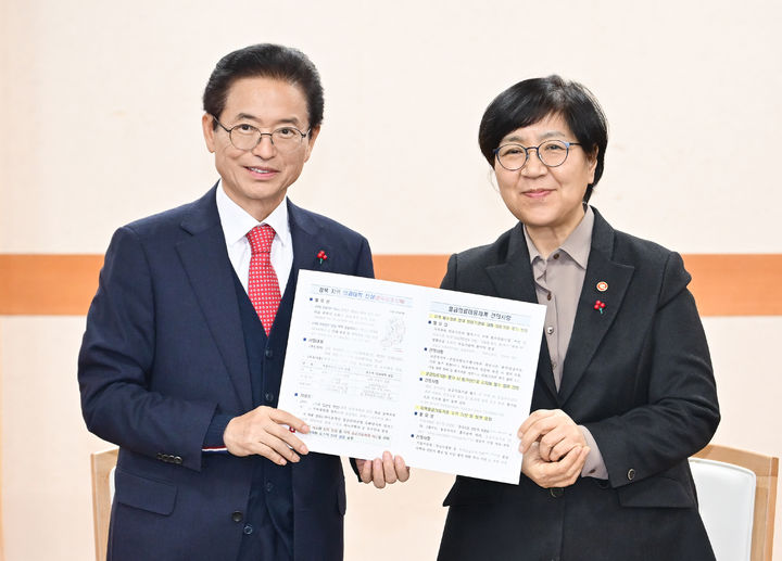 [안동=뉴시스] 이철우 경북지사가(왼쪽)가 지난 19일 경북도를 방문한 정은경 보건복지부 장관에게 경북도의 건의사항을 전달하고 있다. (사진=경북도 제공) 2025.12.21. photo@newsis.com *재판매 및 DB 금지