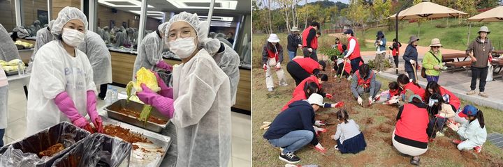 [서울=뉴시스] 한미그룹 임직원들의 '사랑의 김장김치 나눔 봉사'(왼쪽)와 '한미 녹색숲' 조성 모습. (사진=한미그룹 제공) 2025.12.22. photo@newsis.com *재판매 및 DB 금지