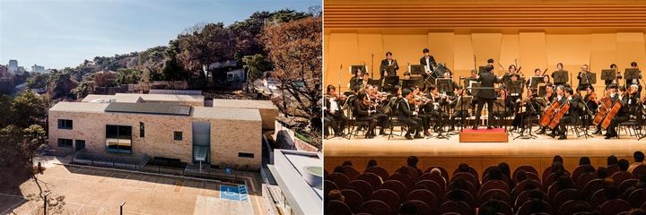 [서울=뉴시스] 한미그룹 공익재단인 가현문화재단이 운영 중인 서울 삼청동 뮤지엄한미(왼쪽)과 제11회 빛의소리 나눔콘서트에서 MPO 단원들의 연주 모습. (사진=한미그룹 제공) 2025.12.22. photo@newsis.com *재판매 및 DB 금지