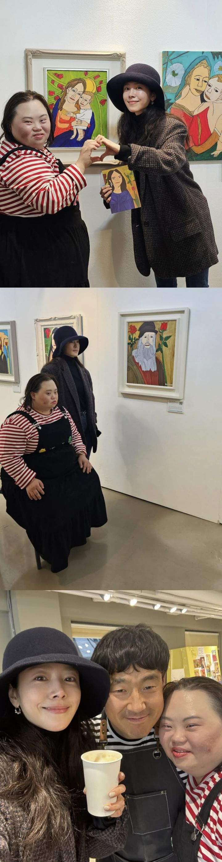 [서울=뉴시스]배우 한지민과 다운증후군 작가 정은혜, 그의 남편 조영남(사진=SNS 캡처)2025.12.22. photo@newsis.com *재판매 및 DB 금지