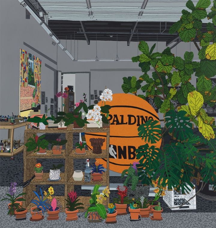 onas Wood, Bball Studio, 2021, Oil and acrylic on canvas, 279.4 x 264.2 cm. Artwork Jonas Wood. Photo Marten Elder *재판매 및 DB 금지