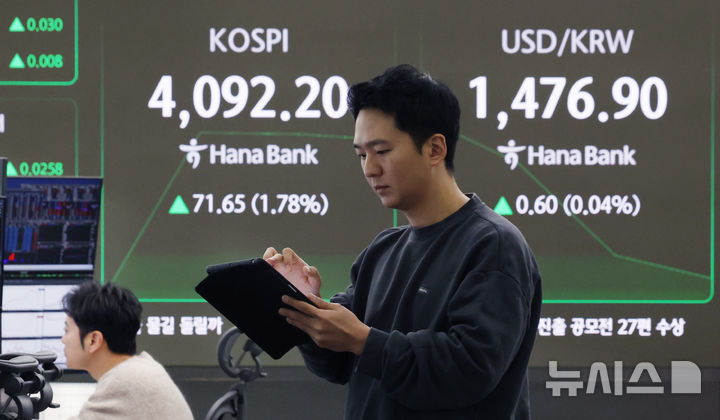 [서울=뉴시스] 김진아 기자 = 22일 서울 중구 하나은행 딜링룸에서 딜러들이 업무를 보고 있다. 코스피는 전 거래일(4020.55)보다 75.71포인트(1.88%) 상승한 4096.26에, 코스닥 지수는 전 거래일(915.27)보다 8.70포인트(0.95%) 오른 923.97에 거래를 시작했다. 서울 외환시장에서 원·달러 환율은 전 거래일 주간거래 종가(1476.3원)보다 0.3원 오른 1476.6원에 출발했다. 2025.12.22. bluesoda@newsis.com