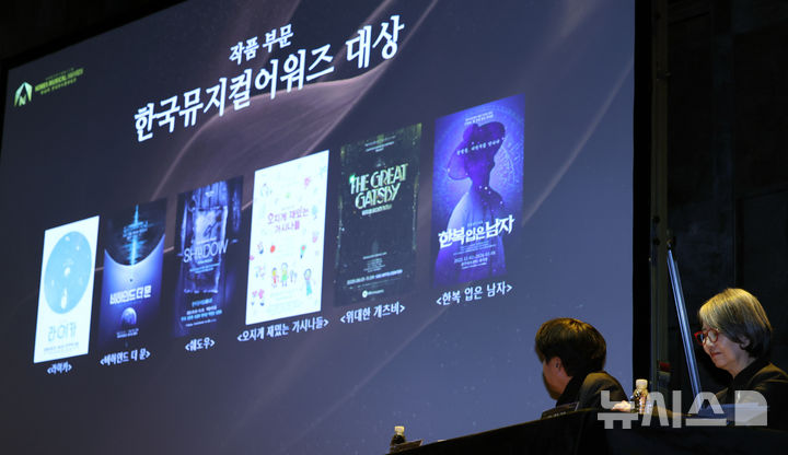 [서울=뉴시스] 김혜진 기자 = 이종규(왼쪽) 한국뮤지컬협회 이사장과 고희경(홍익대 공연예술대학원장) 한국뮤지컬어워즈 후보추천위원장이 22일 서울 종로구 홍익대학교 대학로 아트센터에서 열린 제10회 한국뮤지컬어워즈 기자간담회에서 최종 후보작 발표하고 있다. 2025.12.22. jini@newsis.com