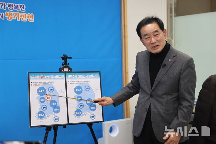 [진천=뉴시스] 송기섭 충북 진천군수가 23일 진천군청 브리핑룸에서 기자회견을 열어 '5극3특'(5대 초광역권·3대 특별자치도 육성)의 '5극3특1중' 확대와 충북특별중심도 특별법 제정을 촉구하고 있다. (사진=진천군 제공) 2025.12.23. photo@newsis.com 