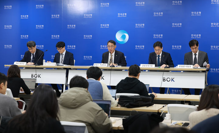 23일 오전 서울 중구 한국은행에서 열린 금융안정보고서(2025년 12월) 설명회 사진 왼쪽부터 유재현 국제기획부장, 최병오 금융기관분석부장, 장정수 부총재보, 임광규 금융안정국장, 문용필 안정분석팀장(사진제공=한국은행) *재판매 및 DB 금지