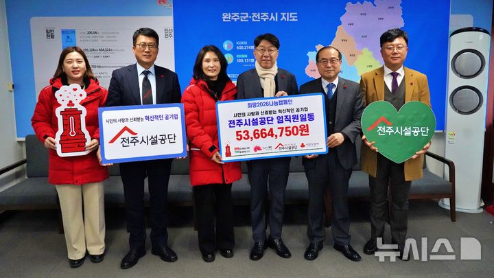 [전주=뉴시스]윤난슬 기자 = 전북 전주시설관리공단은 23일 어려운 이웃을 위해 써 달라며 전북사회복지공동모금회에 성금 5366만4750원을 전달했다고 밝혔다. (사진=전주시설공단 제공) 2025.12.23. photo@newsis.com 