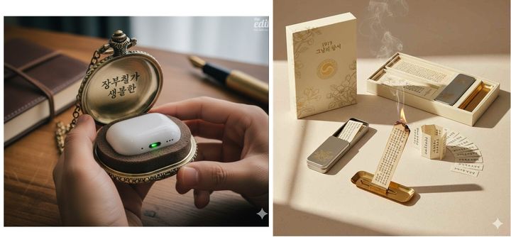 [천안=뉴시스] '독립기념관 AI 페이크 굿즈 아이디어 공모전' 수상 작품. (왼쪽)고등부 대상 '회중시계형 무선 이어폰 케이스'와 대학부 대상 '1919, 그 날의 향서(香書)'. (사진=한국기술교육대).2025.12.23.photo@newsis.com. *재판매 및 DB 금지