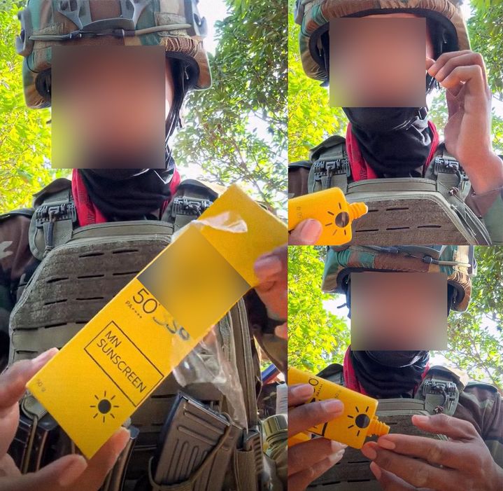 [뉴시스] 최근 SNS에 올라온 영상에는 군복을 입은 남성이 상호가 노출된 선크림을 직접 바르며 홍보하는 장면이 담겼다. (사진=페이스북 갈무리) *재판매 및 DB 금지