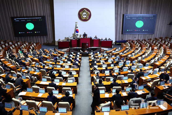 [서울=뉴시스] 김명년 기자 = 23일 서울 여의도 국회에서 열린 제430회국회(임시회) 제2차 본회의에서 12·3 윤석열 비상계엄 등에 대한 전담재판부 설치 및 제보자 보호 등에 관한 특별법이 통과되고 있다. 2025.12.23. kmn@newsis.com