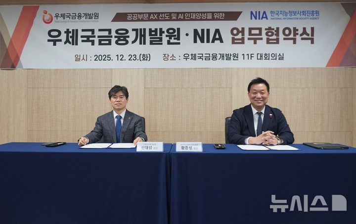 [서울=뉴시스]한국지능정보사회진흥원(NIA)과 우체국금융개발원은 23일 금융원 대회의실에서 양 기관 간 AI 협력을 위한 업무협약(MOU)을 체결했다. (사진=NIA 제공)