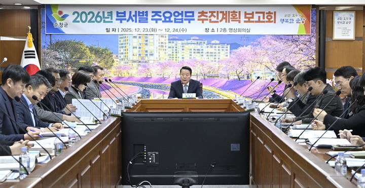 [순창=뉴시스] 지난 23일부터 이틀간 진행 중인 순창군의 '2026년 부서별 주요업무 추진계획보고회', 최영일 군수가 회의를 진행 중이다. *재판매 및 DB 금지