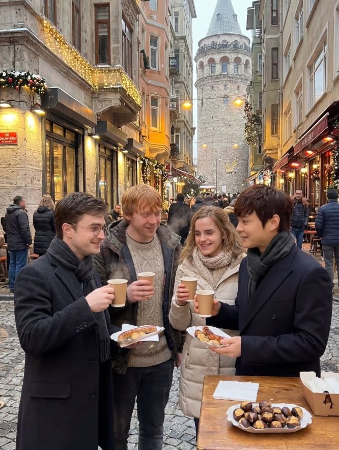 [뉴시스] 마술사 최현우(47)가 호그와트 마법학교를 배경으로 해리 포터·헤르미온느·론 위즐리와 함께 커피를 즐기는 모습. (사진 = 인스타그램 캡처) 2025.12.24. *재판매 및 DB 금지