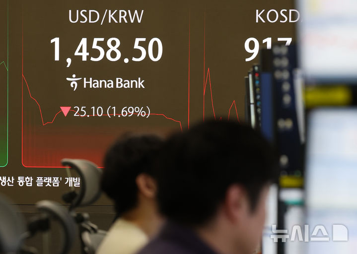 [서울=뉴시스] 이영환 기자 = 서울 외환시장에서 원·달러 환율이 장중 1460원 밑으로 거래중인 24일 서울 중구 하나은행 딜링룸 전광판에 환율이 표시되고 있다. 2025.12.24. 20hwan@newsis.com
