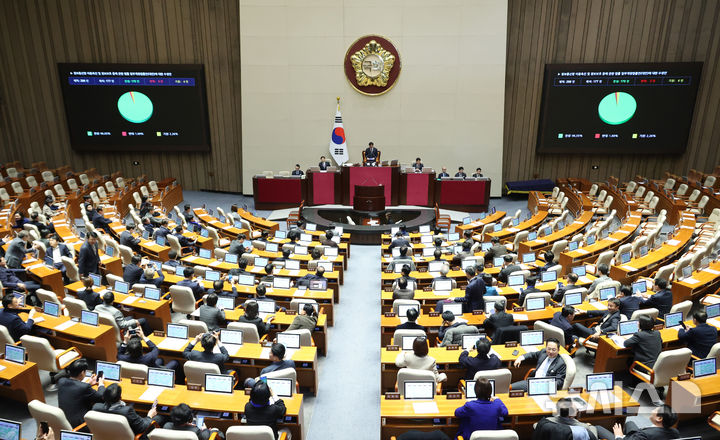 [서울=뉴시스] 김금보 기자 = 정보통신망 이용촉진 및 정보보호 등에 관한 법률 일부개정법률안(대안)이 24일 서울 여의도 국회에서 열린 제430회국회(임시회) 제2차 본회의에서 무제한토론을 거쳐 가결되고 있다. 2025.12.24. kgb@newsis.com