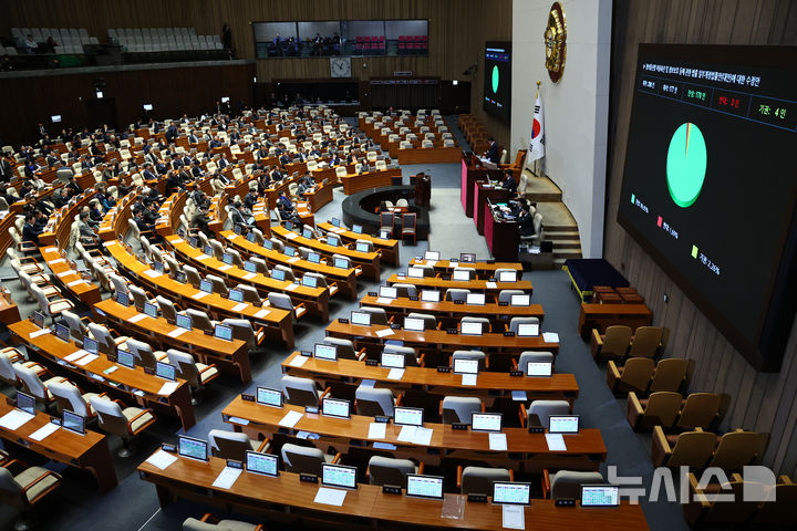 [서울=뉴시스] 김명년 기자 = 지난 24일 서울 여의도 국회에서 열린 제430회국회(임시회) 제2차 본회의에서 정보통신망 이용촉진 및 정보보호 등에 관한 법률 일부개정법률안(대안)이 통과되고 있다. 2025.12.24. kmn@newsis.com