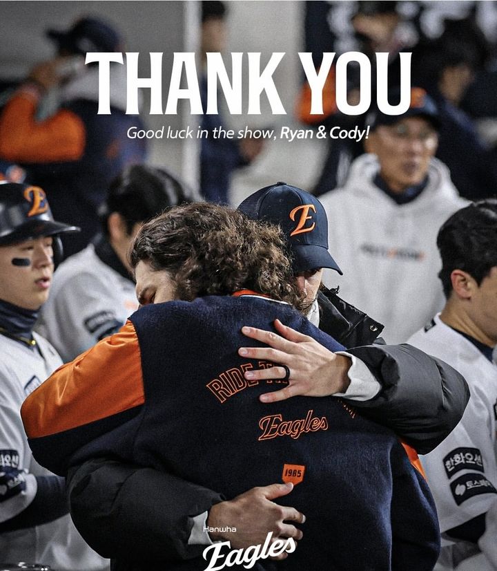 [서울=뉴시스] 프로야구 한화 이글스가 24일 구단 공식 SNS를 통해 2025시즌 함께 했던 라이언 와이스와 코디 폰세에게 작별 인사를 고했다. (사진=한화 이글스 SNS 캡처) 2025.12.24. *재판매 및 DB 금지