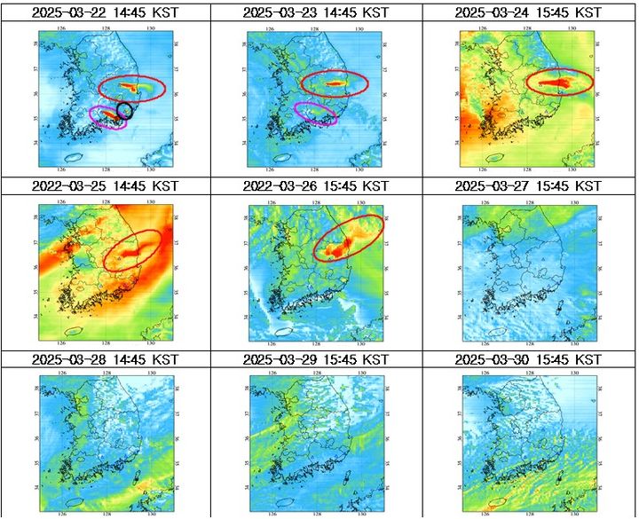 [세종=뉴시스]영남권 동시다발적 대형 산불 지난 3월 22일부터 30일 자외선 에어로졸 지수 관측치다.(사진=환경과학원 제공) *재판매 및 DB 금지