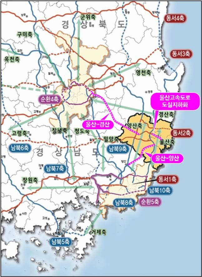 [울산=뉴시스] 울산시는 시민들이 실제로 체감할 수 있는 도로 개설 사업을 지속 추진해 정주 여건과 지역 경쟁력을 함께 높일 계획이라고 29일 밝혔다. 사진은 제3차 고속도로 건설계획 건의사업 위치도. (사진= 울산시 제공) 2025.12.29.photo@newsis.com *재판매 및 DB 금지