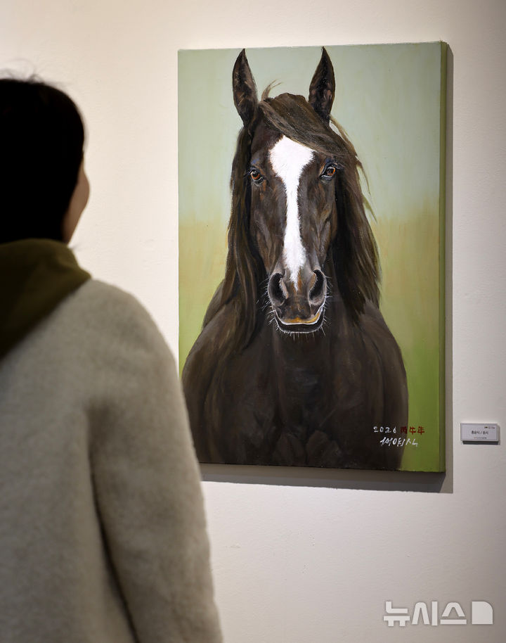 [대구=뉴시스] 이무열 기자 = 28일 대구 동구 아양아트센터 아양갤러리에서 열린 ‘2026 병오년(丙午年) 새해맞이 말(馬) 그림전’에서 관람객이 붉은 말을 주제로 한 작품을 감상하고 있다. 2025.12.28. lmy@newsis.com