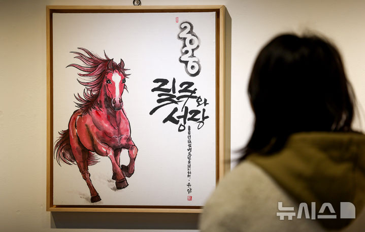 [대구=뉴시스] 이무열 기자 = 28일 대구 동구 아양아트센터 아양갤러리에서 열린 ‘2026 병오년(丙午年) 새해맞이 말(馬) 그림전’에서 관람객이 붉은 말을 주제로 한 작품을 감상하고 있다. 2025.12.28. lmy@newsis.com